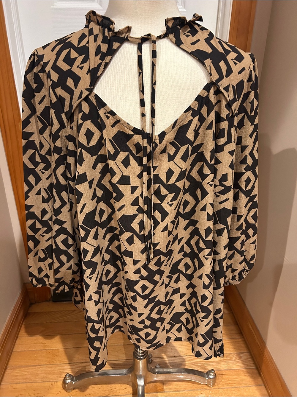 Lane Bryant Beige and Black Geometric Tie-Neck Blouse